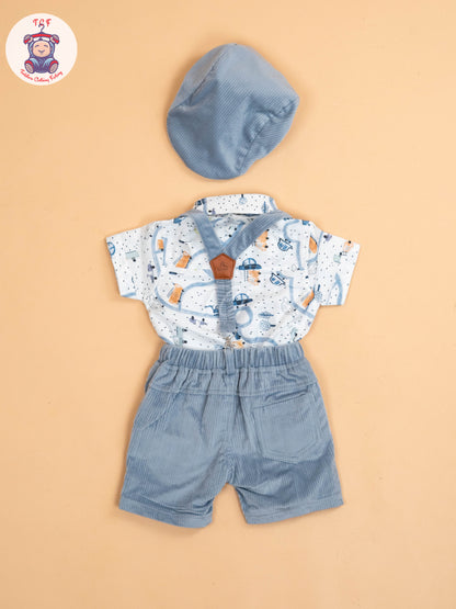 White & Grey - Half Sleeves Shirts & Shorts Set With Suspender & Bow