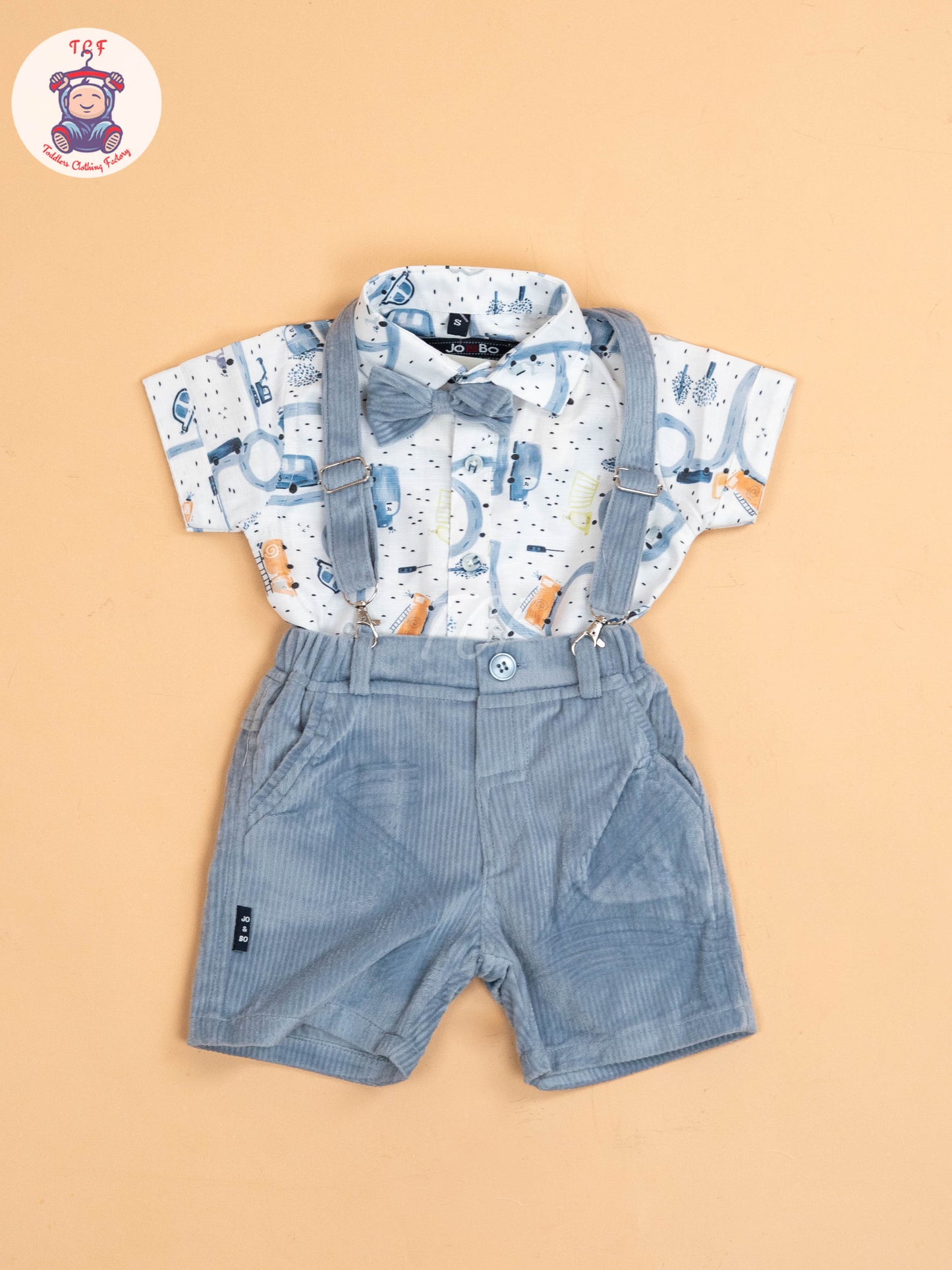 White & Grey - Half Sleeves Shirts & Shorts Set With Suspender & Bow