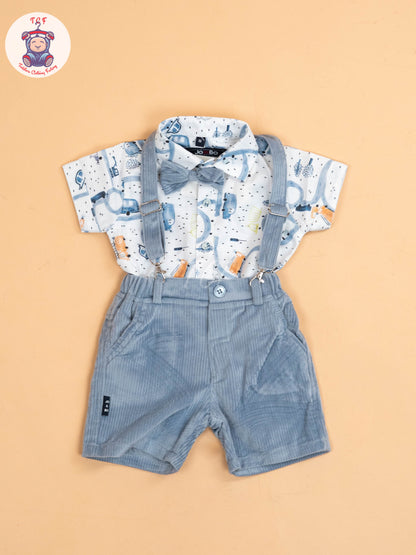 White & Grey - Half Sleeves Shirts & Shorts Set With Suspender & Bow