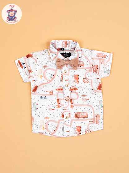 White & Peach - Half Sleeves Shirts & Shorts Set With Suspender & Bow