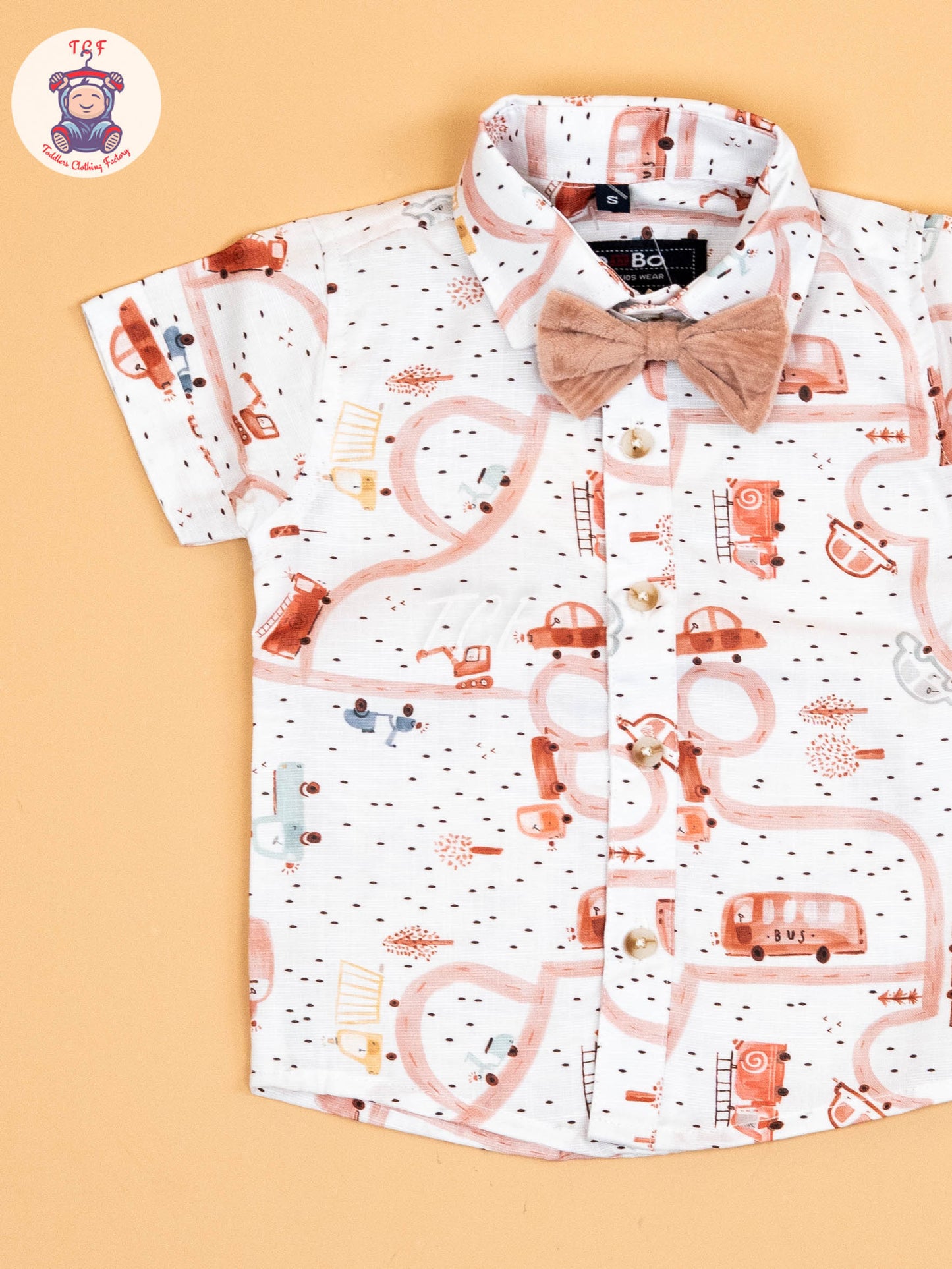 White & Peach - Half Sleeves Shirts & Shorts Set With Suspender & Bow