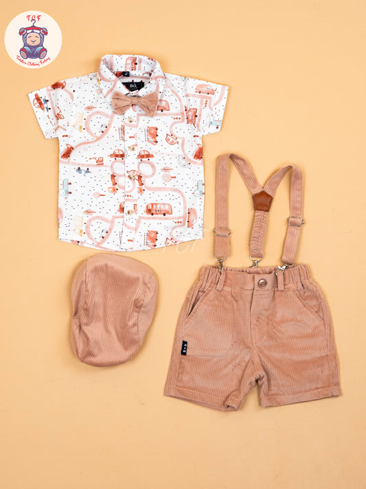 White & Peach - Half Sleeves Shirts & Shorts Set With Suspender & Bow