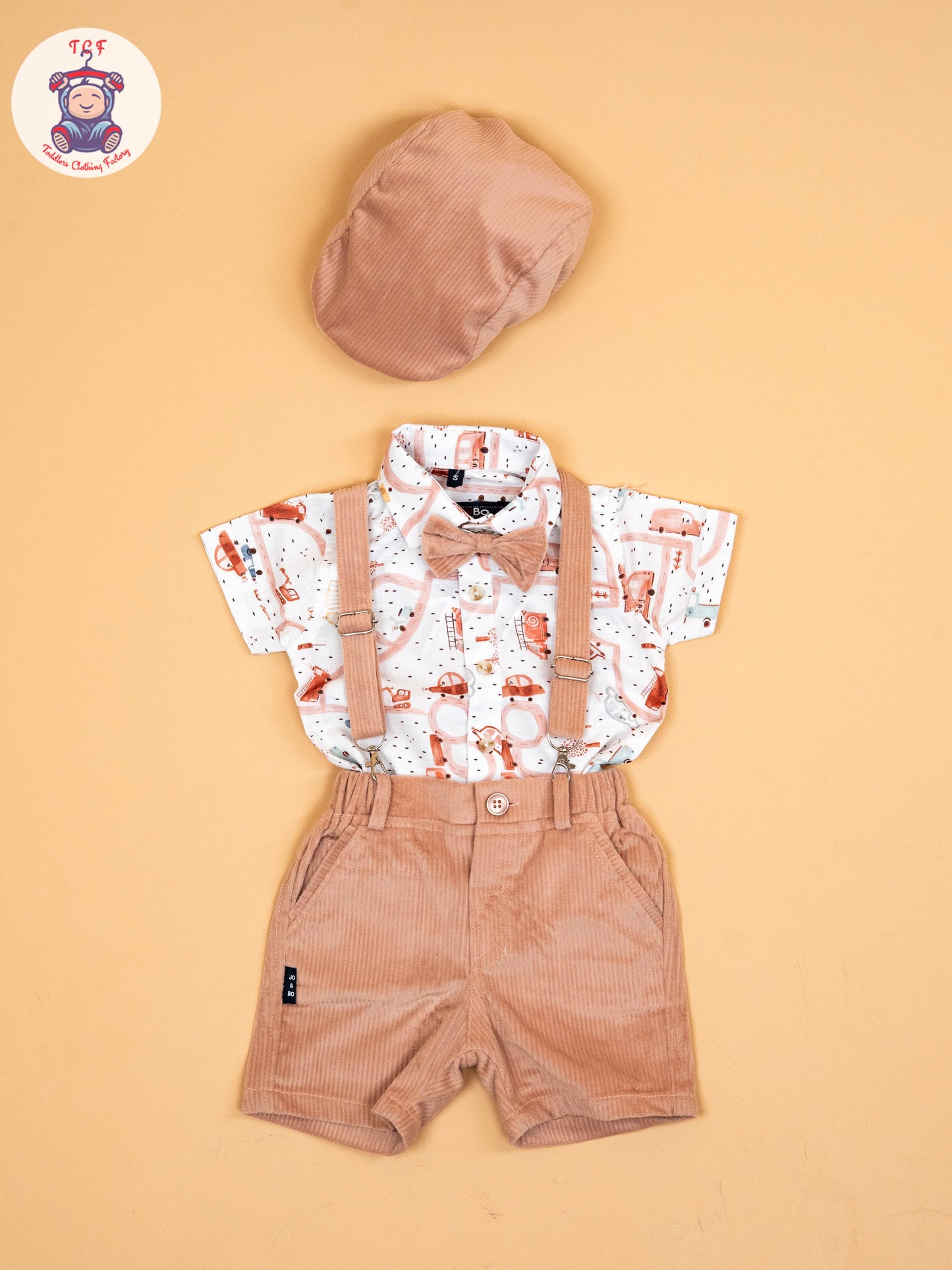 White & Peach - Half Sleeves Shirts & Shorts Set With Suspender & Bow
