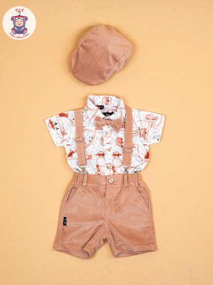 White & Peach - Half Sleeves Shirts & Shorts Set With Suspender & Bow