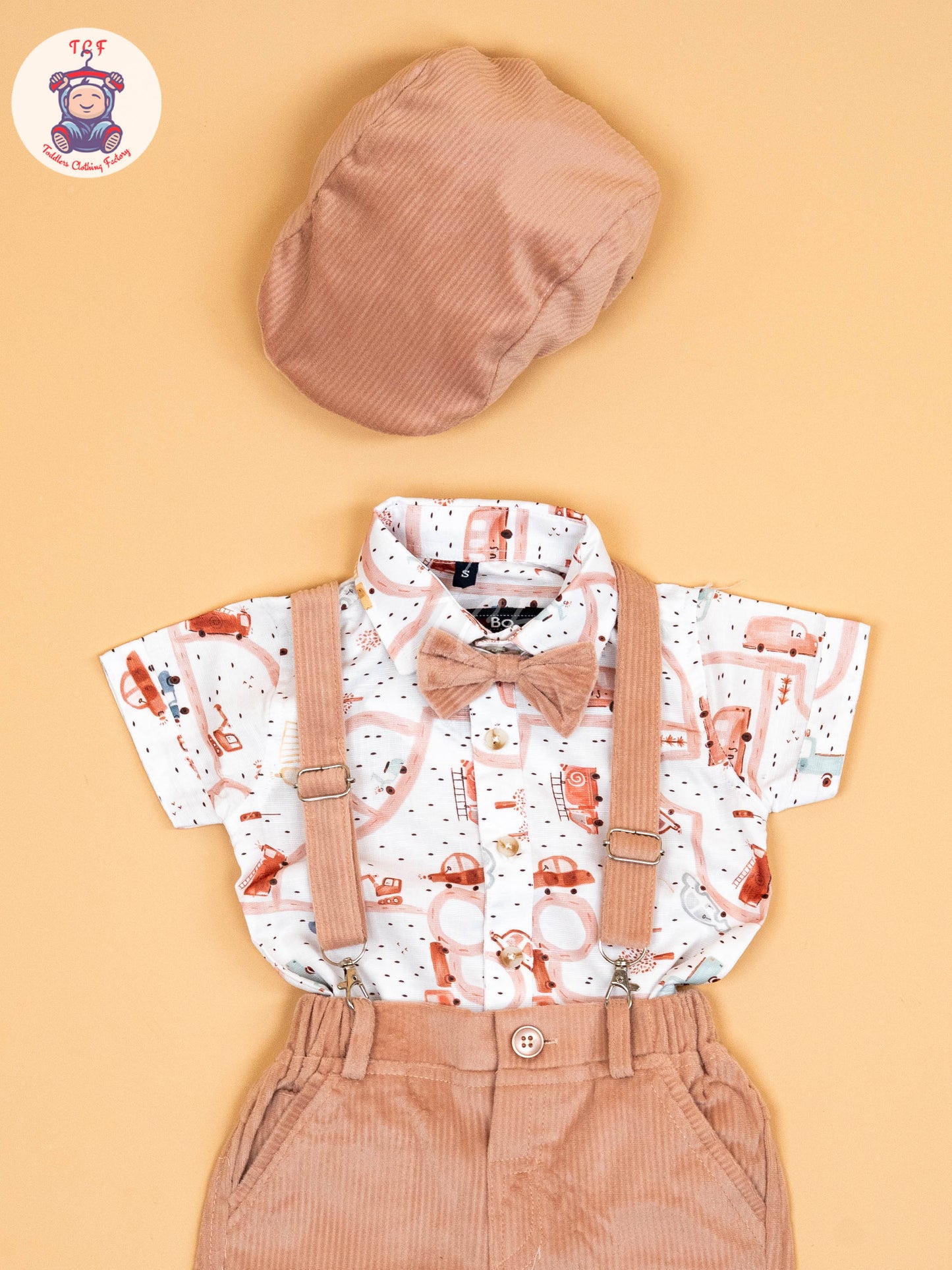 White & Peach - Half Sleeves Shirts & Shorts Set With Suspender & Bow
