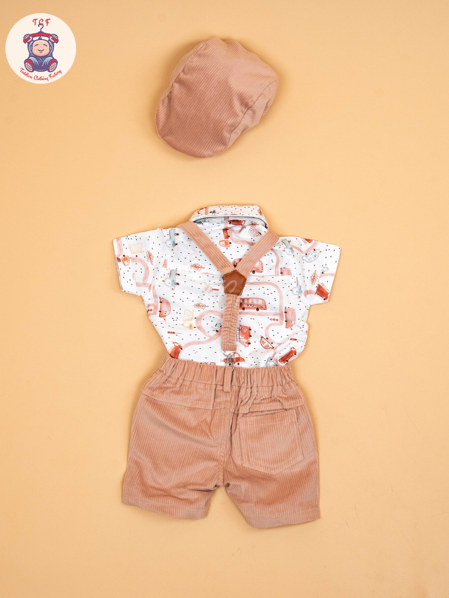 White & Peach - Half Sleeves Shirts & Shorts Set With Suspender & Bow