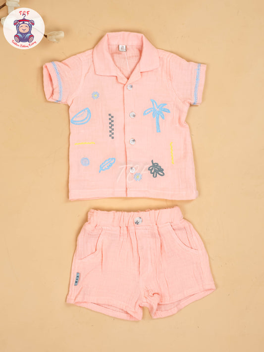 Peach -  Boys Muslin Readymade Cotton Shirts & Shorts