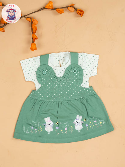 Green & White - Girls Printed Casual Frocks