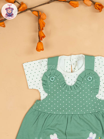 Green & White - Girls Printed Casual Frocks