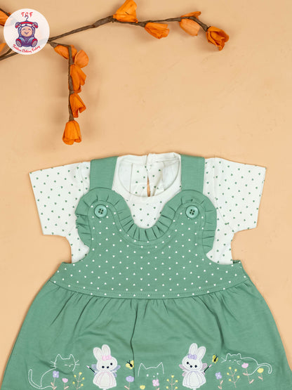 Green & White - Girls Printed Casual Frocks