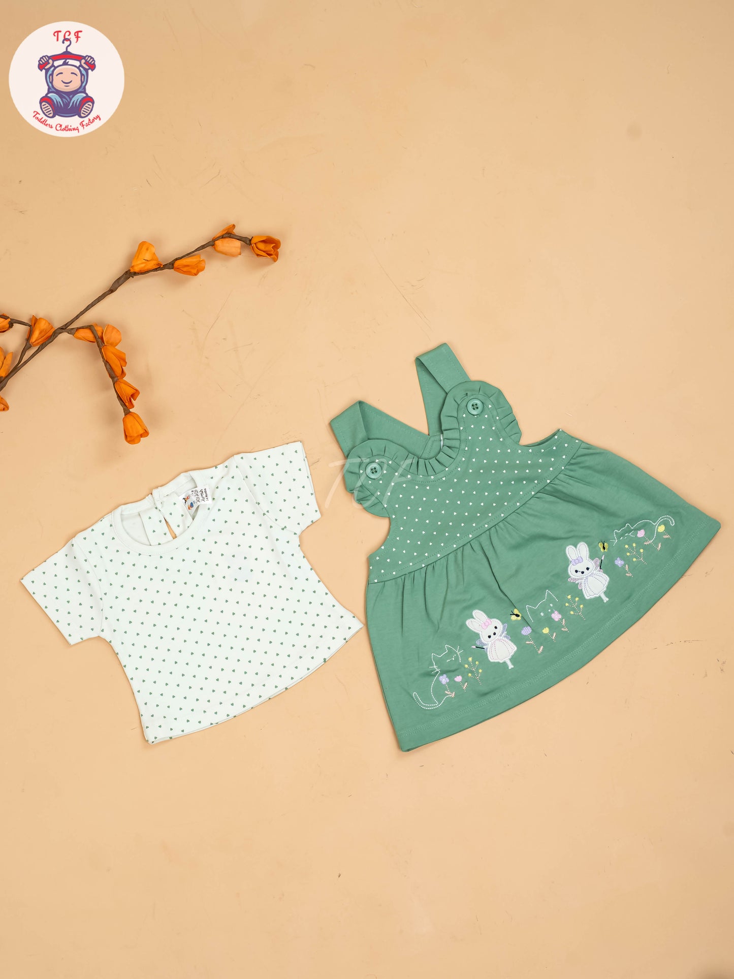 Green & White - Girls Printed Casual Frocks