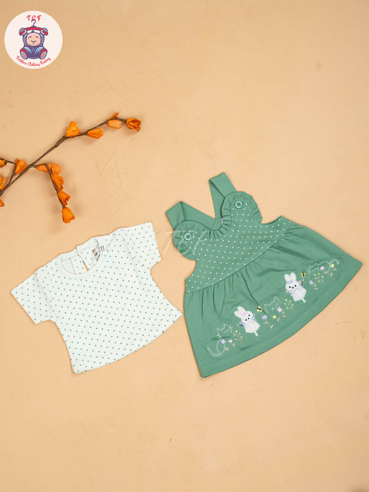 Green & White - Girls Printed Casual Frocks
