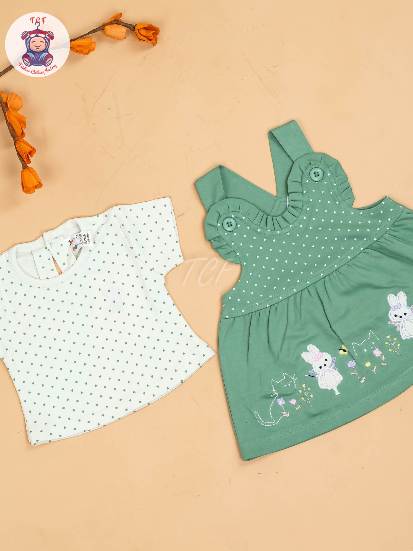 Green & White - Girls Printed Casual Frocks