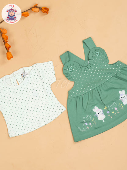 Green & White - Girls Printed Casual Frocks