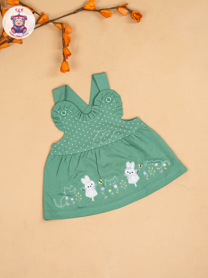 Green & White - Girls Printed Casual Frocks