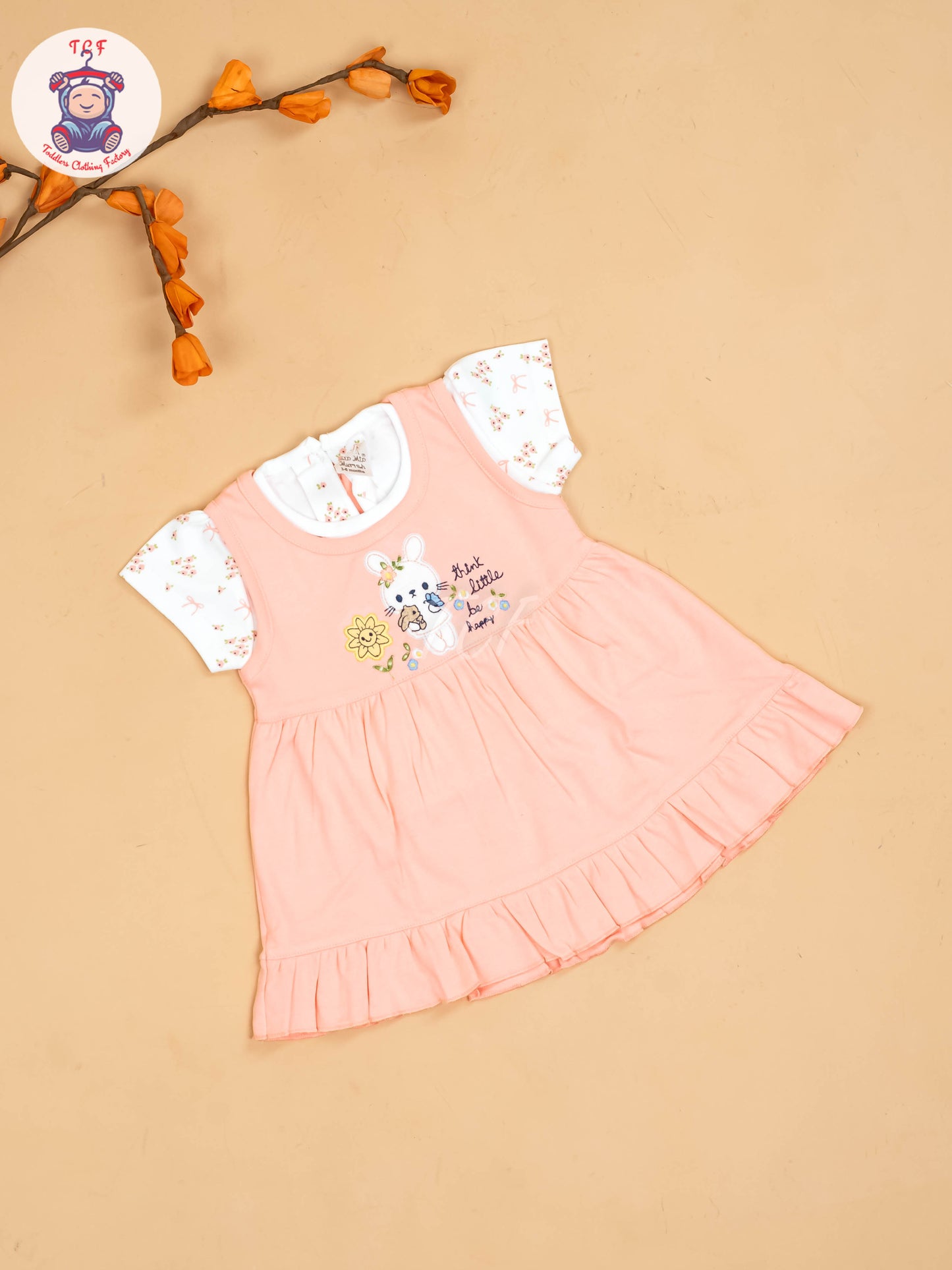 Peach & White - Girls Printed Casual Frocks