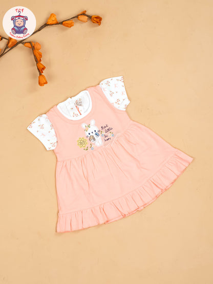 Peach & White - Girls Printed Casual Frocks