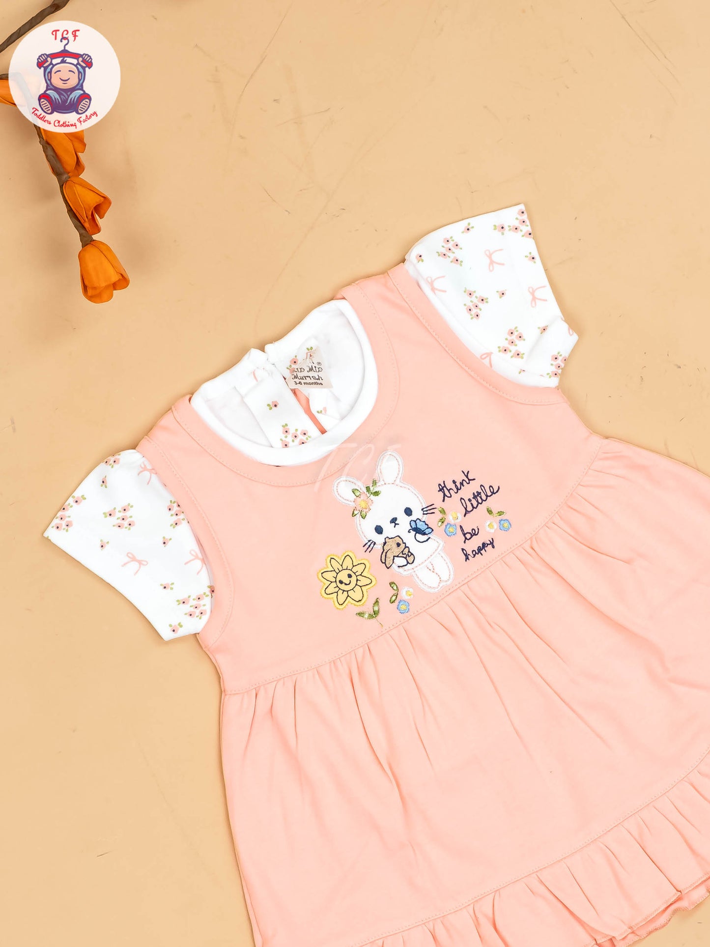 Peach & White - Girls Printed Casual Frocks