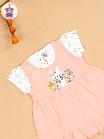 Peach & White - Girls Printed Casual Frocks