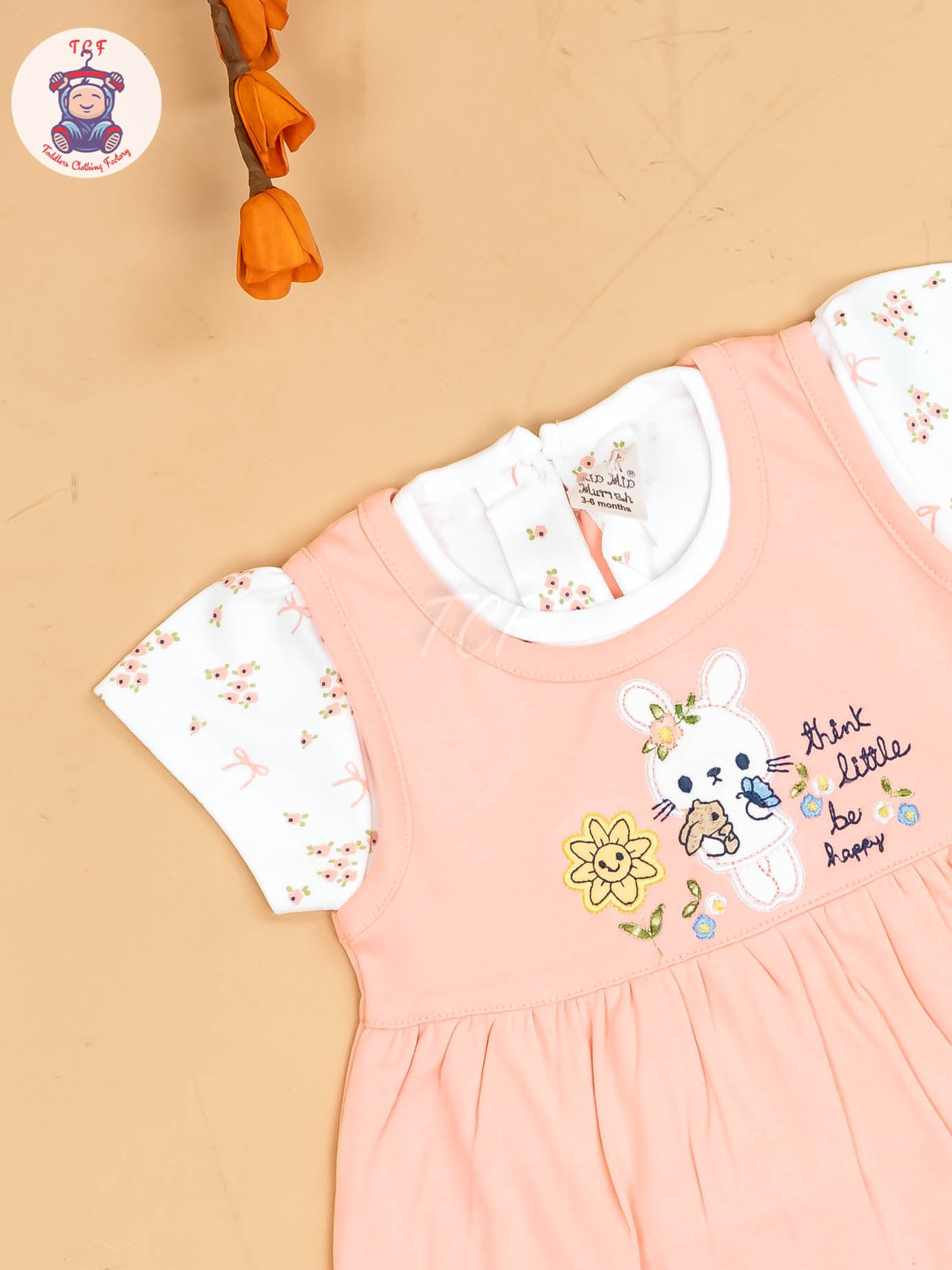 Peach & White - Girls Printed Casual Frocks