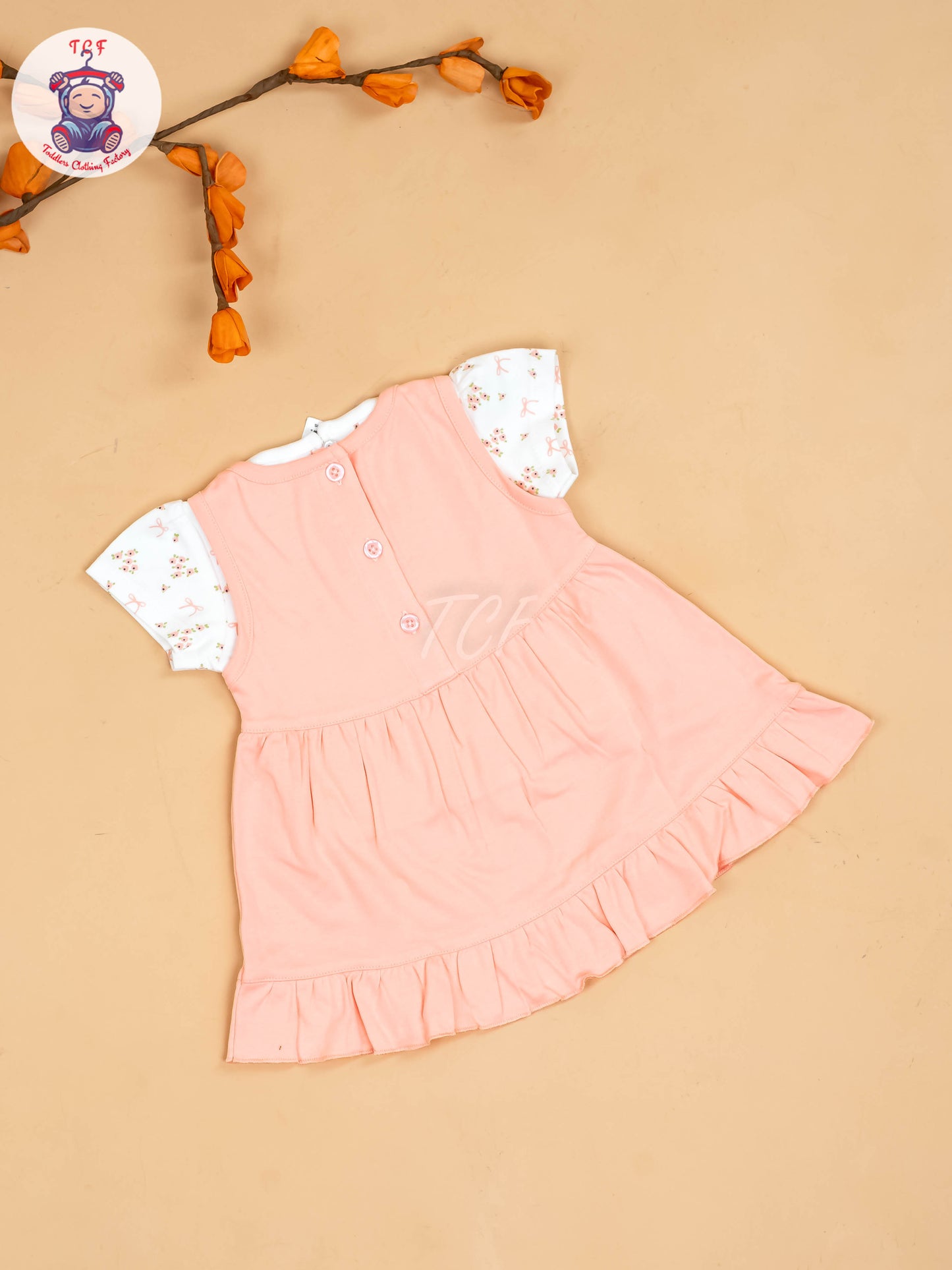Peach & White - Girls Printed Casual Frocks