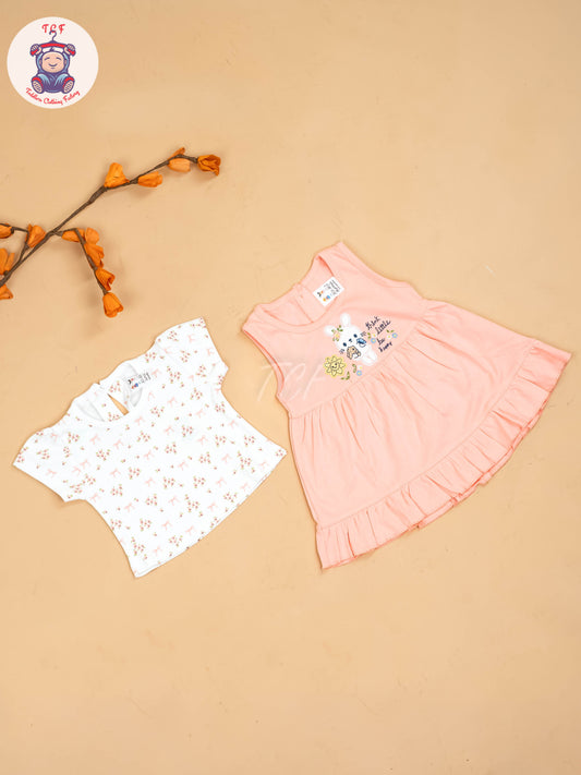 Peach & White - Girls Printed Casual Frocks