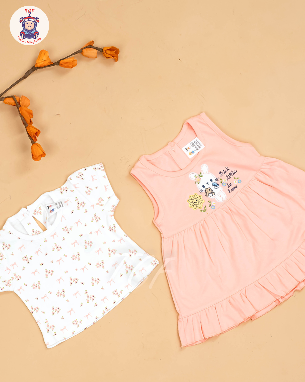 Peach & White - Girls Printed Casual Frocks