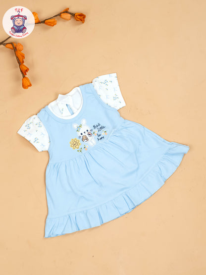 Sky Blue & White - Girls Printed Casual Frocks