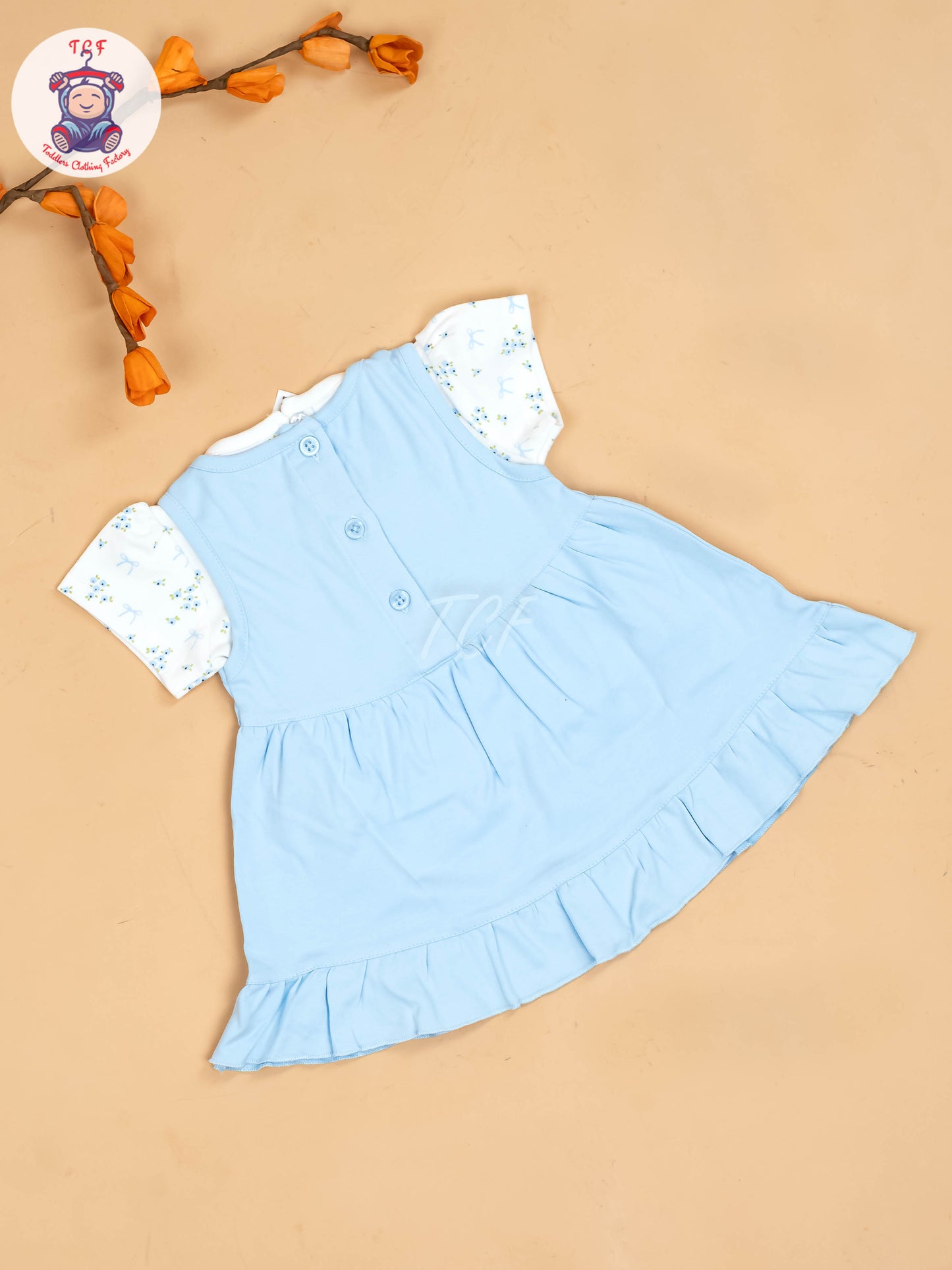 Sky Blue & White - Girls Printed Casual Frocks