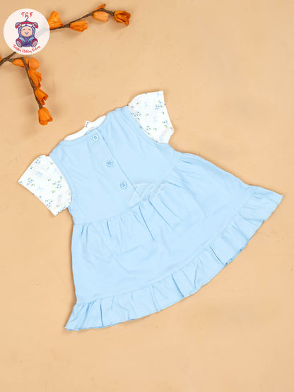 Sky Blue & White - Girls Printed Casual Frocks