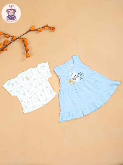 Sky Blue & White - Girls Printed Casual Frocks