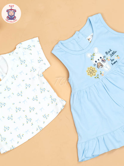 Sky Blue & White - Girls Printed Casual Frocks