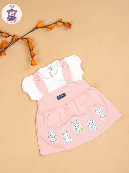 Baby Pink & White - Girls Printed Casual Frocks