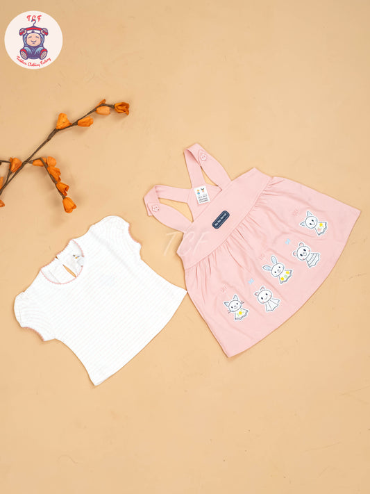 Baby Pink & White - Girls Printed Casual Frocks
