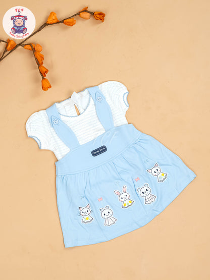 Sky Blue & White - Girls Printed Casual Frocks