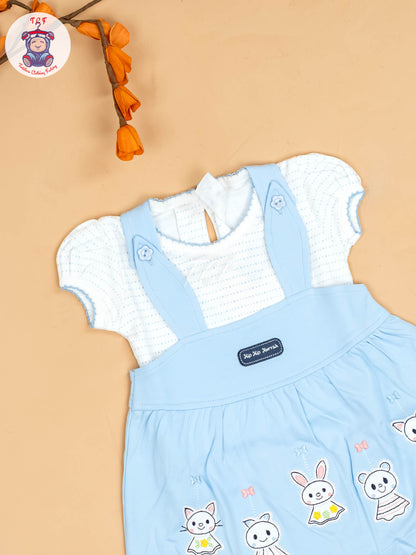 Sky Blue & White - Girls Printed Casual Frocks
