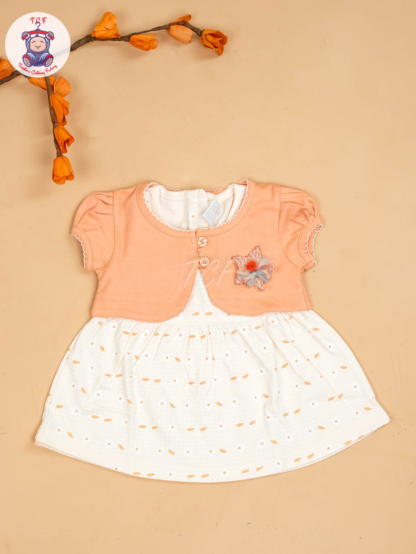 Peach & Half White - Girls Printed Casual Frocks