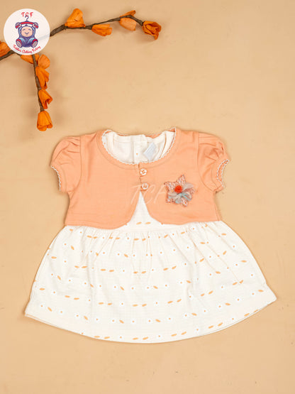 Peach & Half White - Girls Printed Casual Frocks
