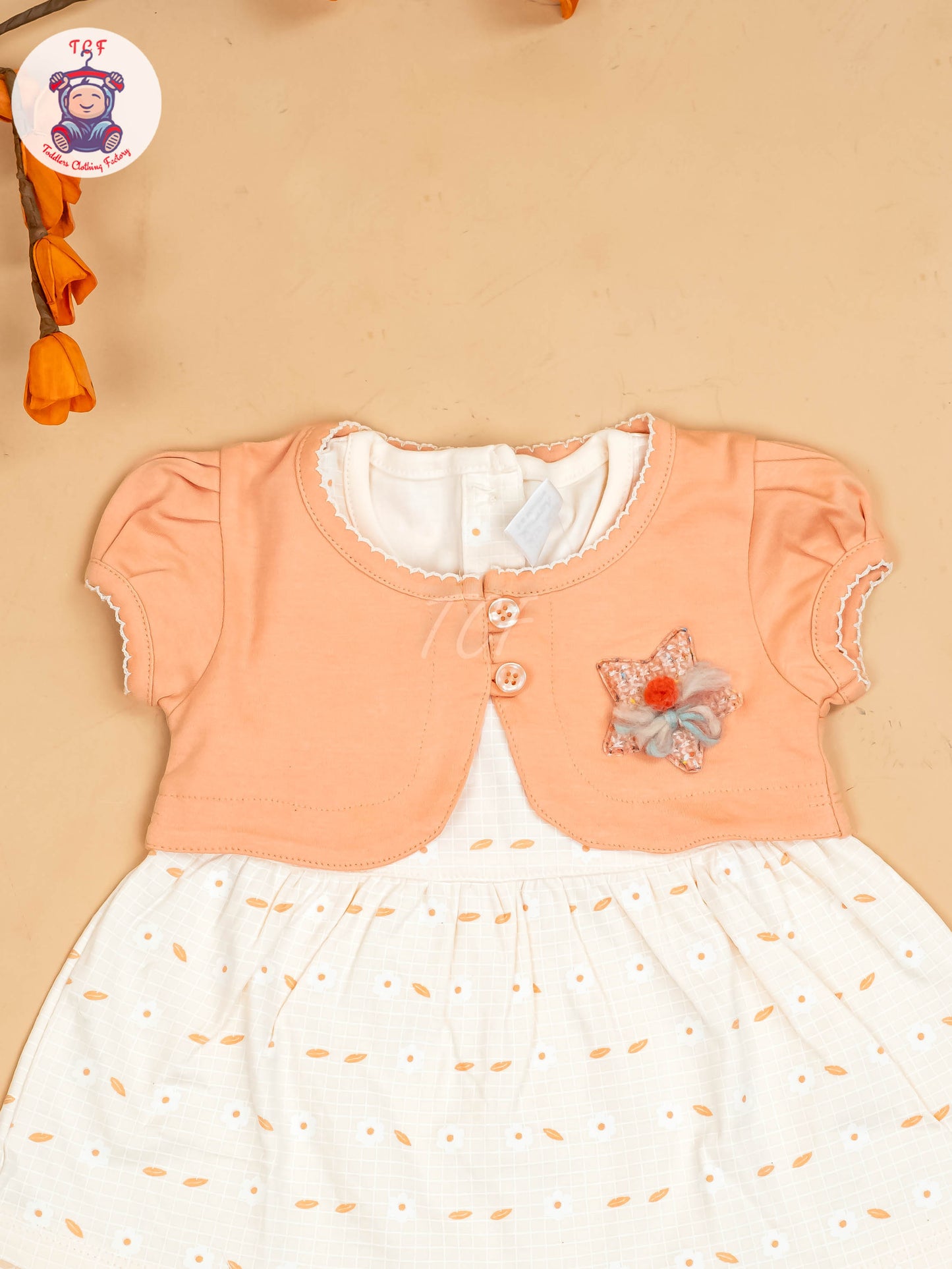 Peach & Half White - Girls Printed Casual Frocks
