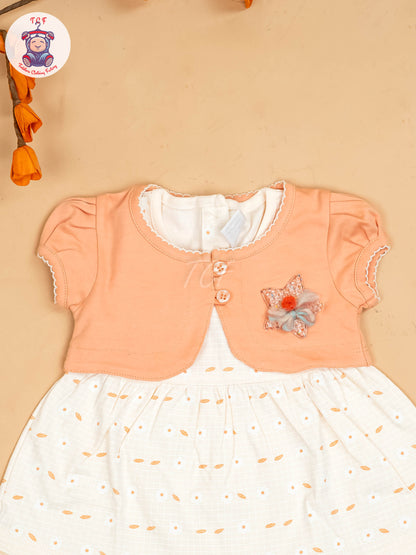 Peach & Half White - Girls Printed Casual Frocks