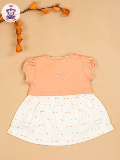 Peach & Half White - Girls Printed Casual Frocks