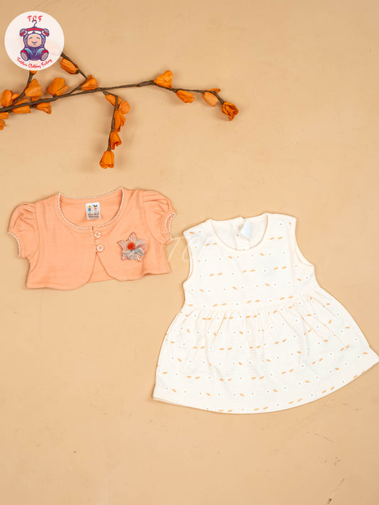 Peach & Half White - Girls Printed Casual Frocks