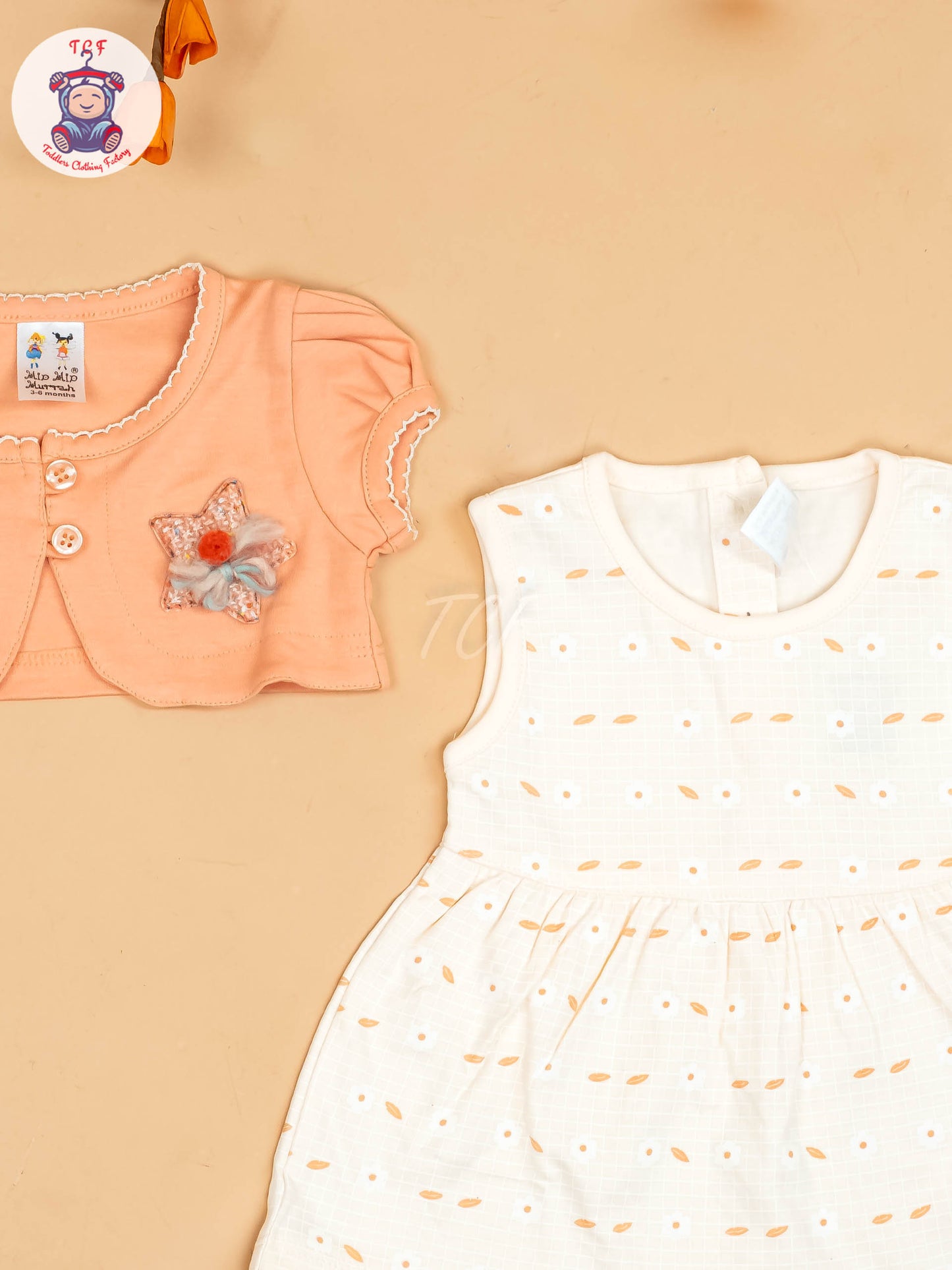 Peach & Half White - Girls Printed Casual Frocks