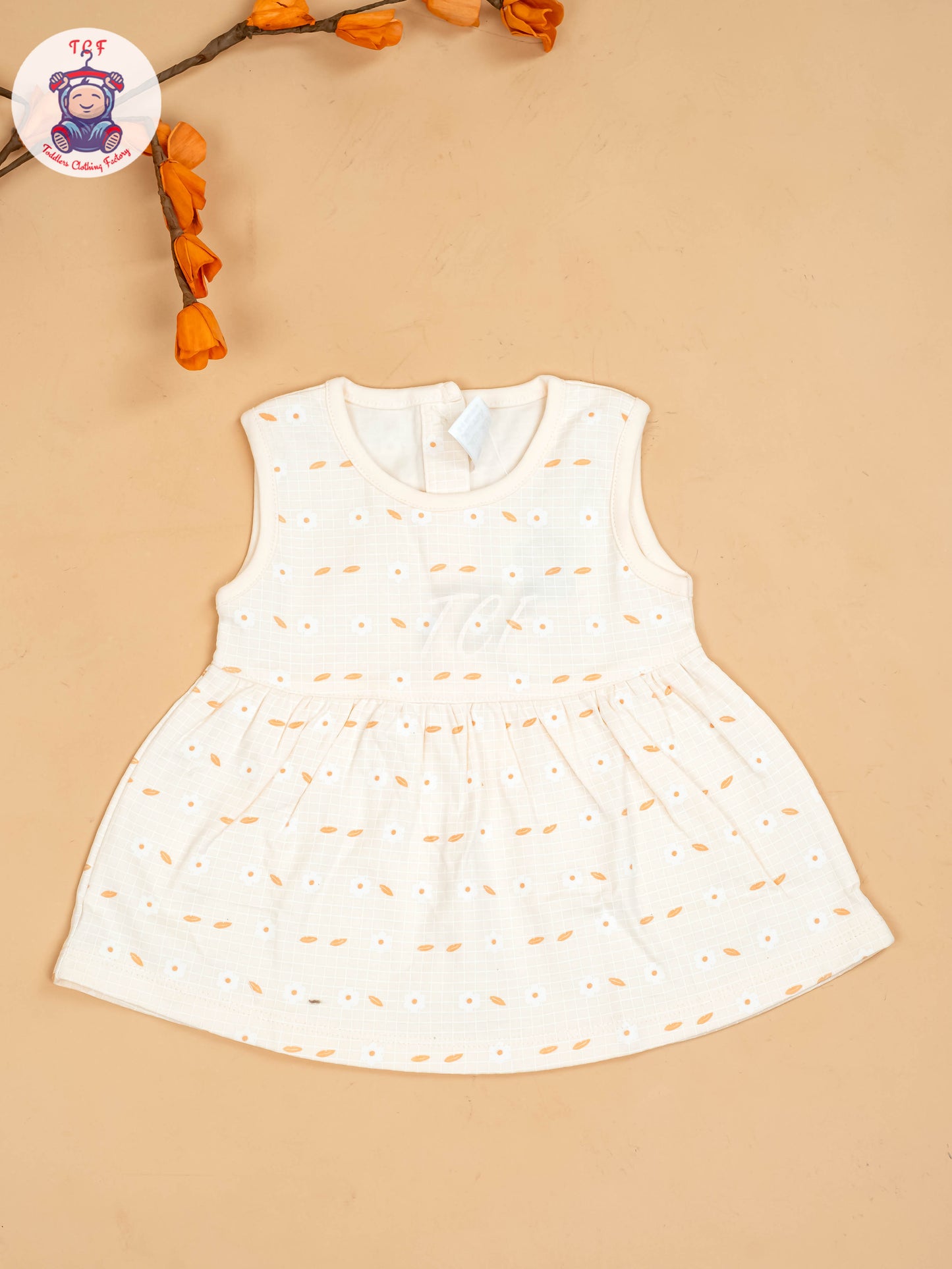 Peach & Half White - Girls Printed Casual Frocks