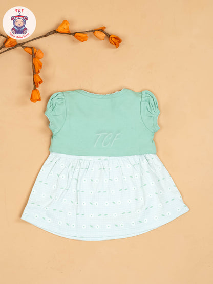 Light Green & Half White - Girls Printed Casual Frocks