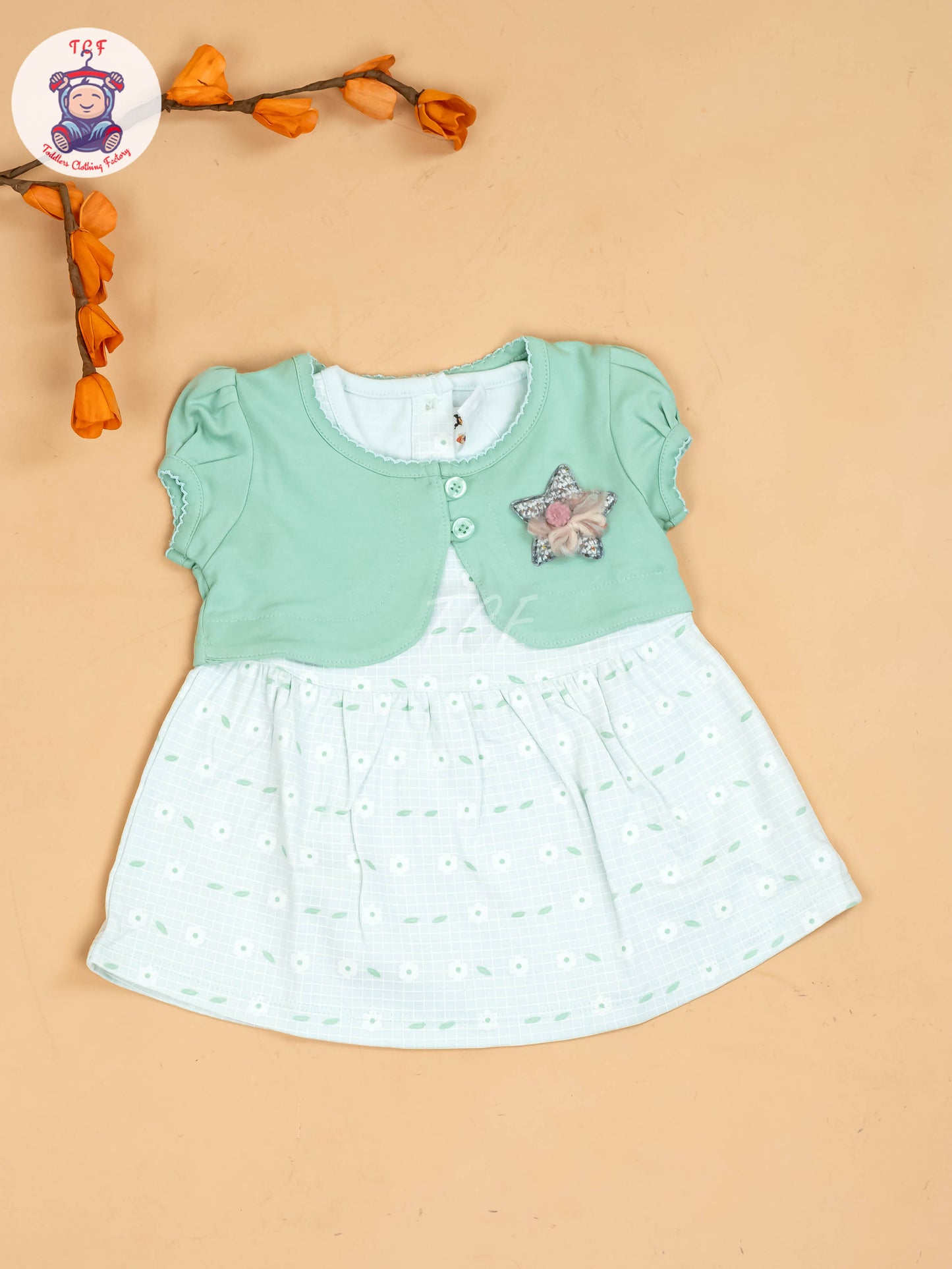 Light Green & Half White - Girls Printed Casual Frocks