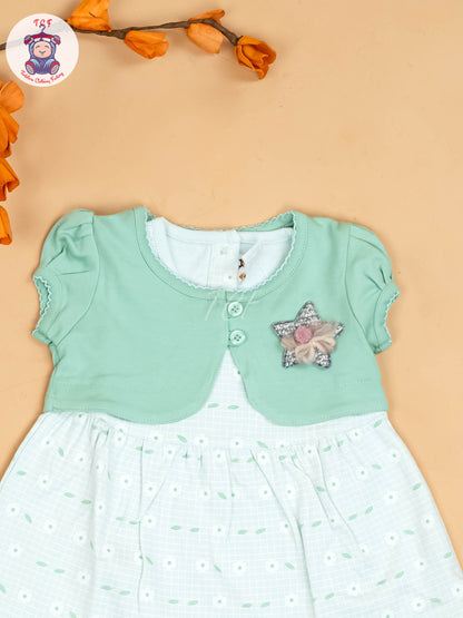 Light Green & Half White - Girls Printed Casual Frocks