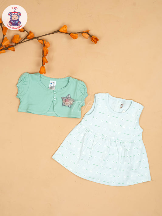 Light Green & Half White - Girls Printed Casual Frocks