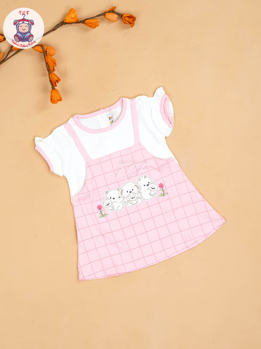Pink & Half White - Girls Printed Casual Frocks