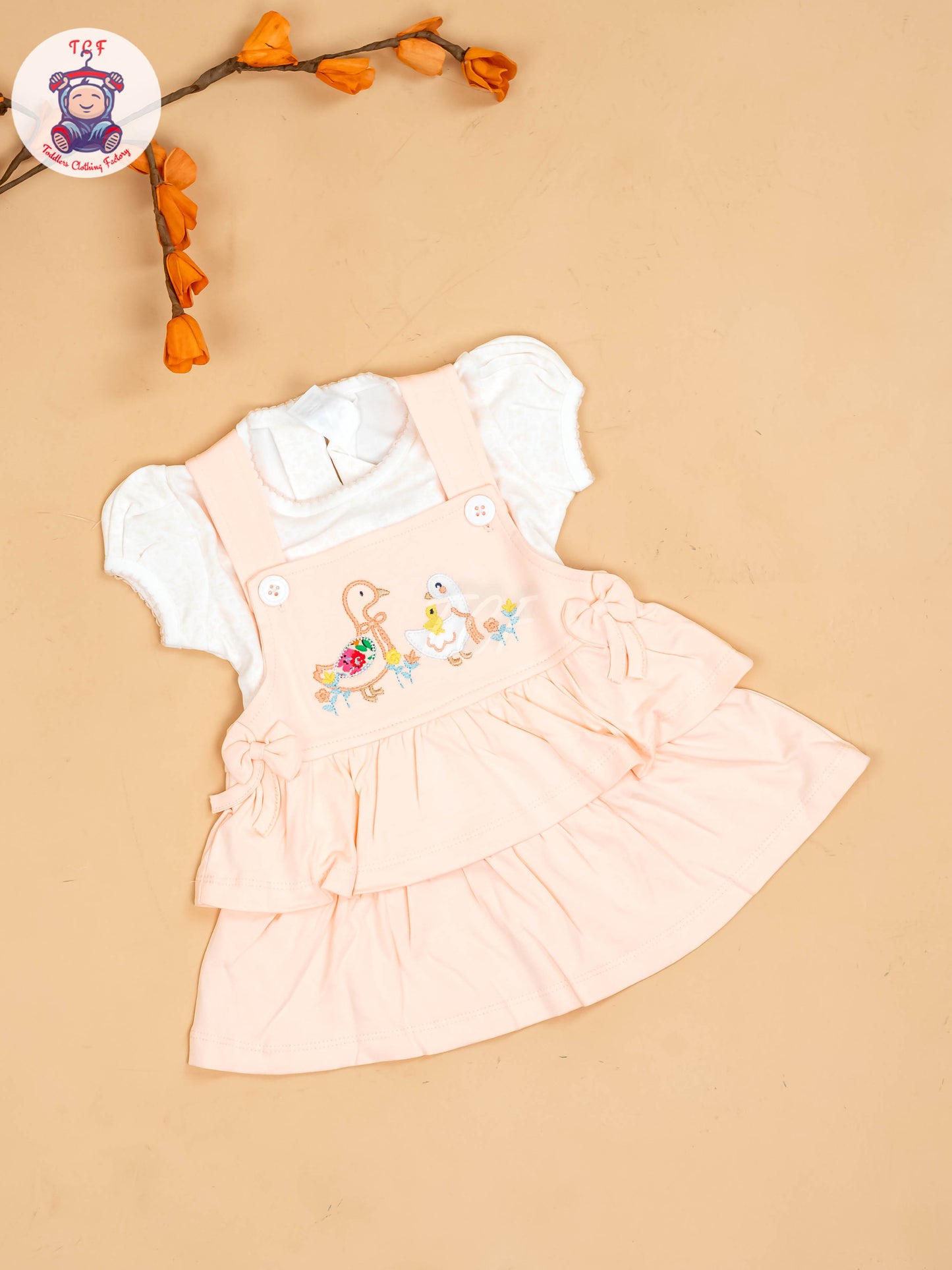 Peach & Half White - Girls Printed Casual Frocks